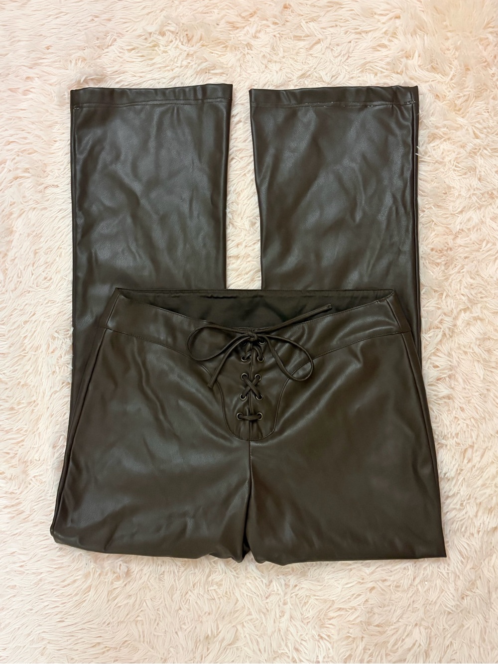 Garage Faux Leather Lace-Up High-Waist Pants - Brown